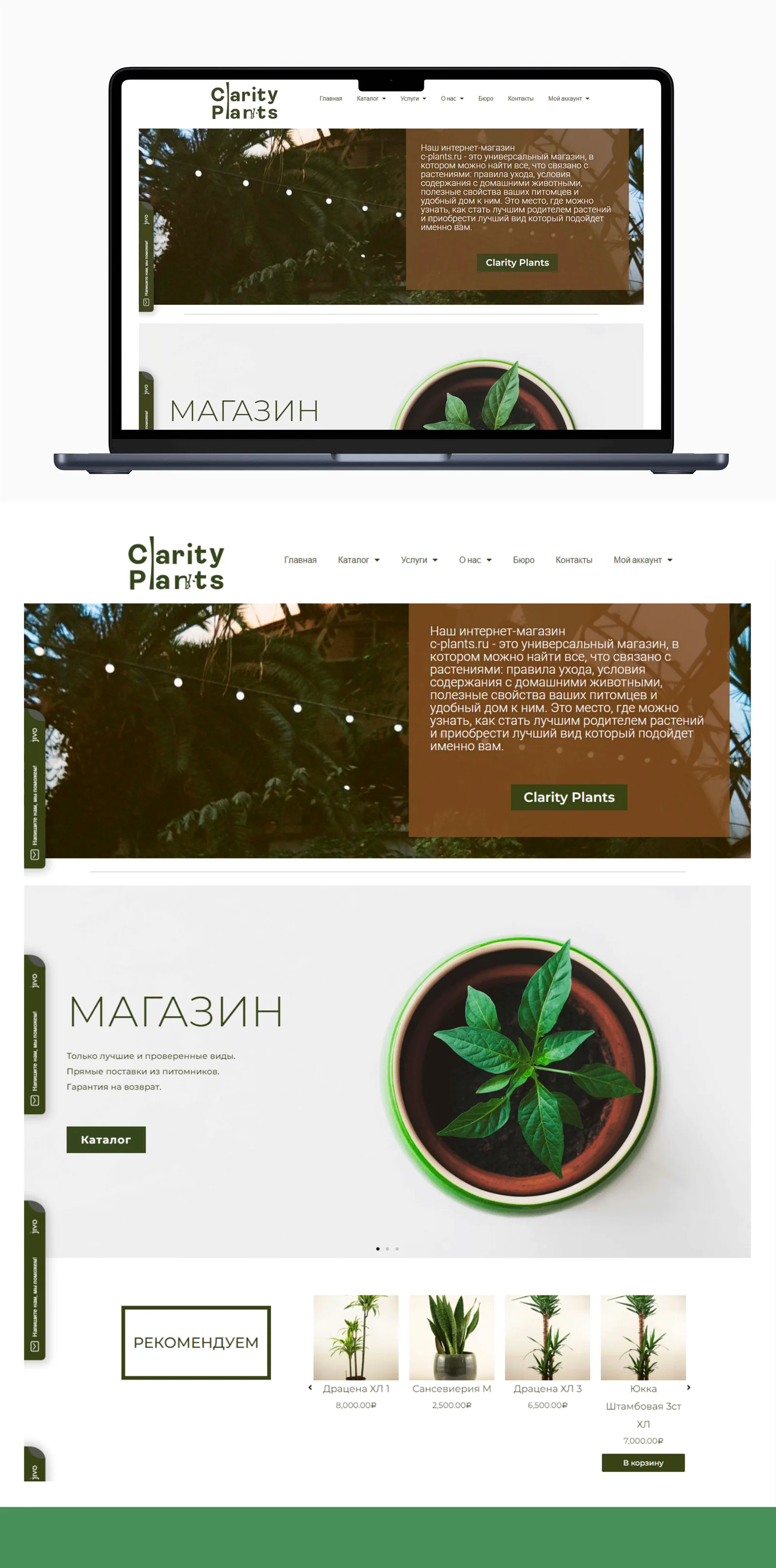 Storefront: plant photography, categories and featured products.