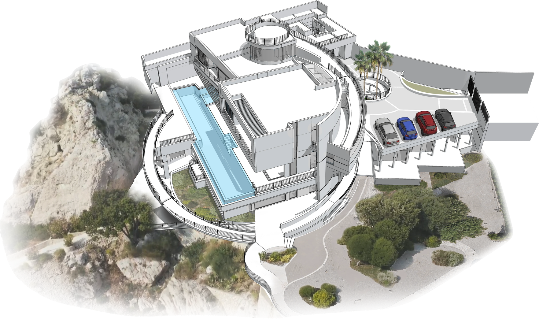 Axonometric view of the Continuum residence, garden and pool — Whole property