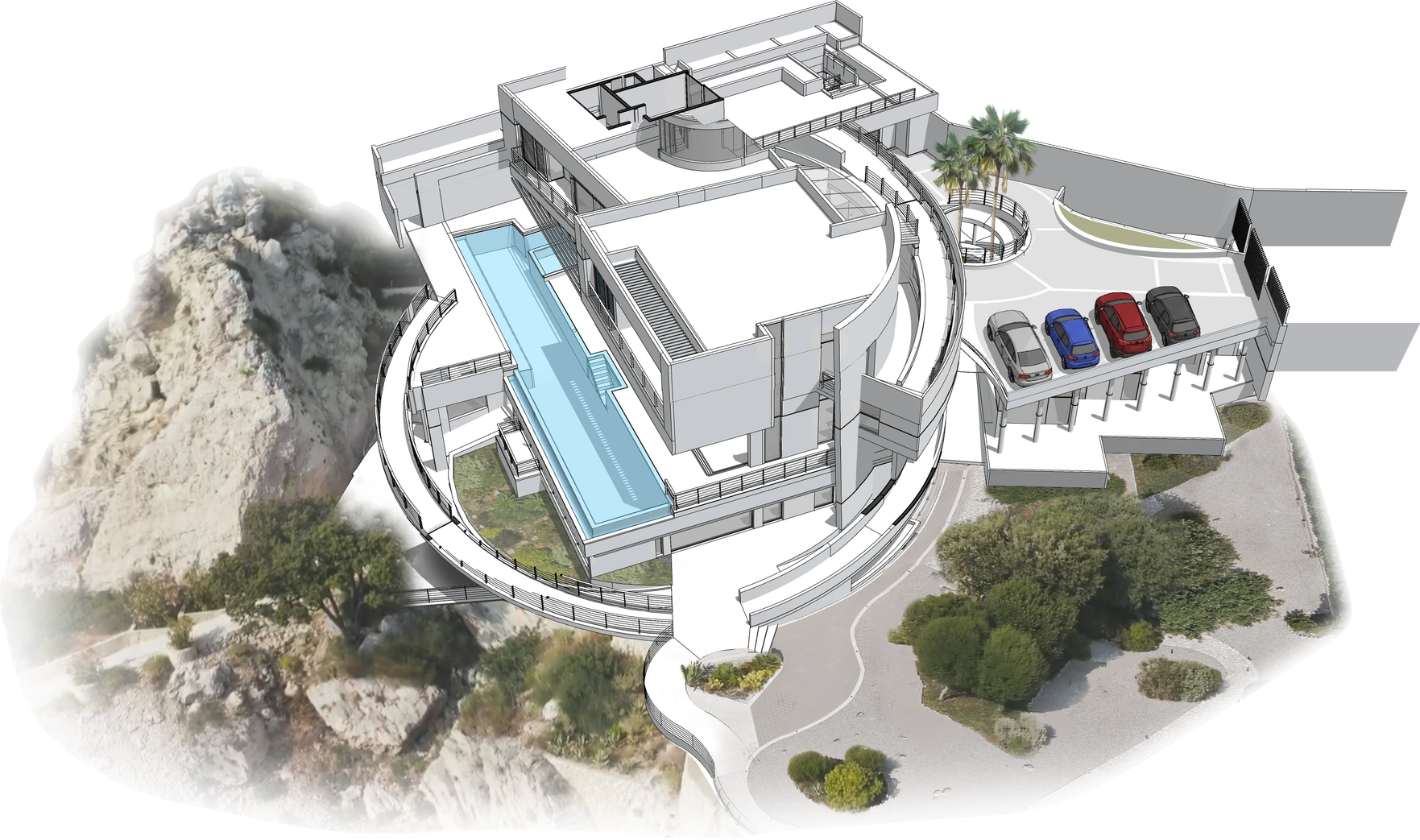 Axonometric view of the Continuum residence, garden and pool — M1 · First floor