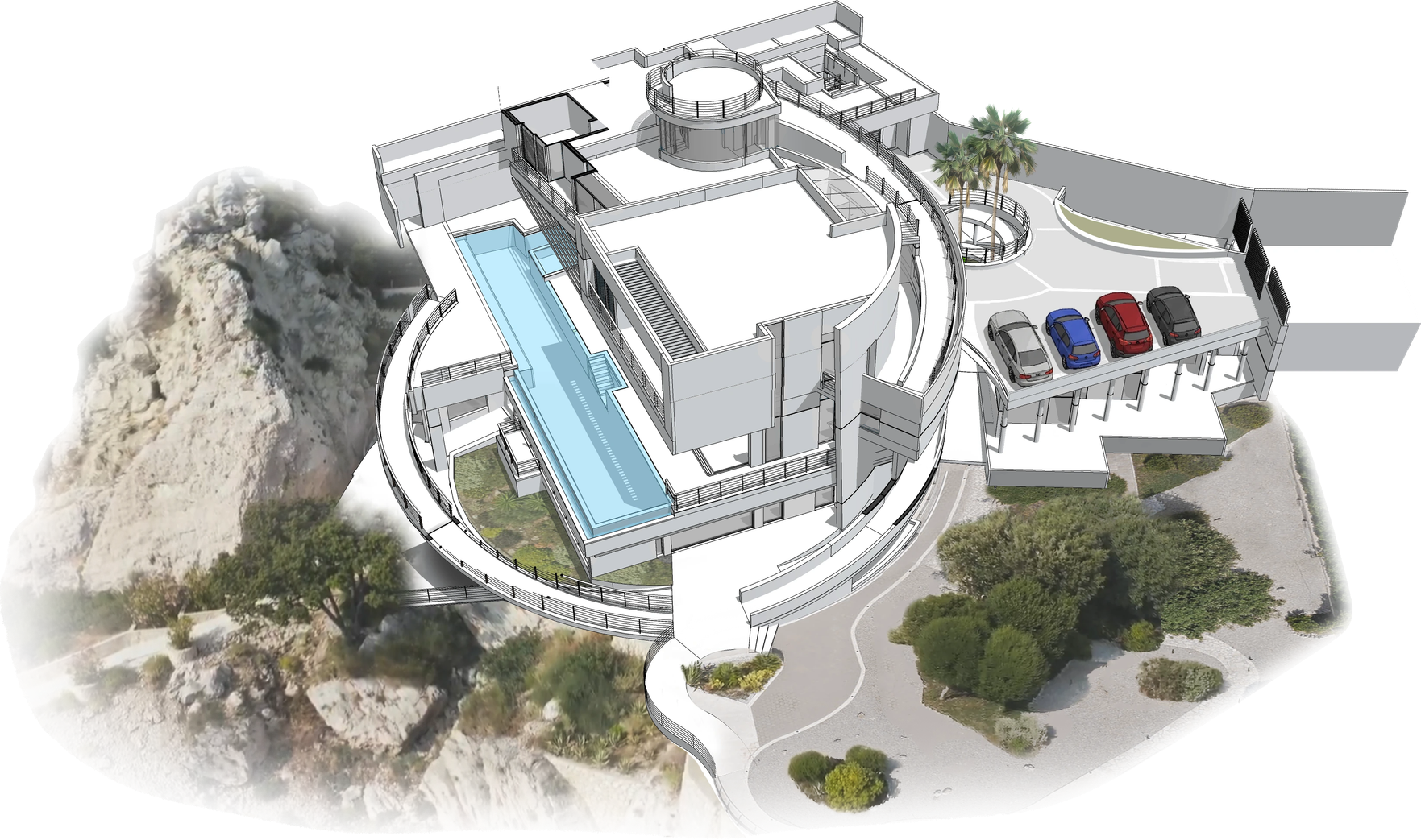 Axonometric view of the Continuum residence, garden and pool — M2 · First floor