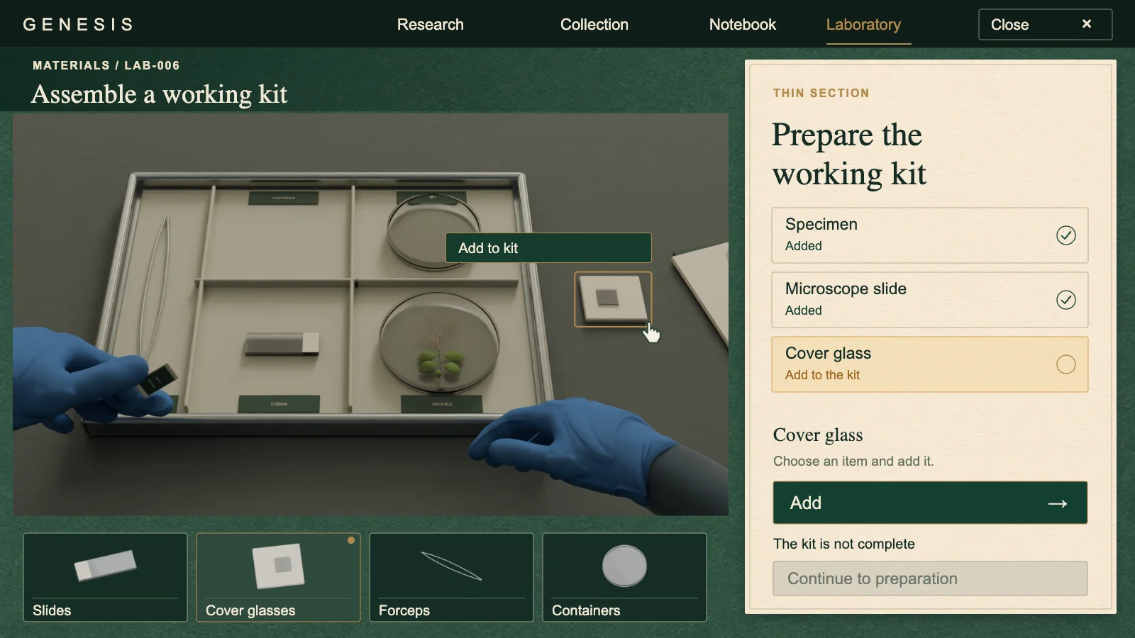 Scene and interface design: work tray, specimen and checklist.